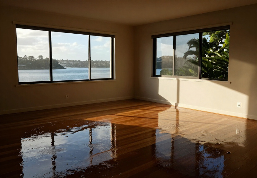 Flood-damaged living room in Brookvale before restoration
